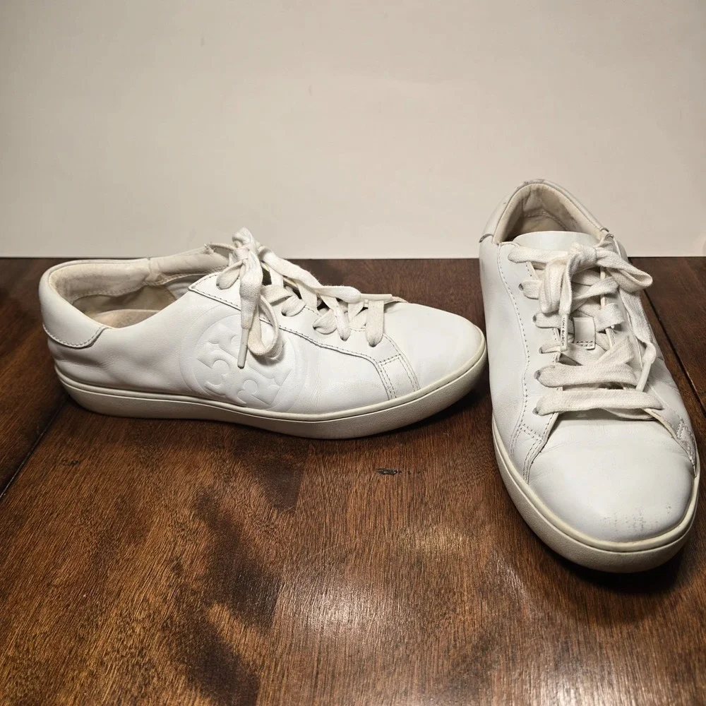 Tory Burch Women's Double T Howell Court Sneakers Size 8.5 M Shoes White Leather